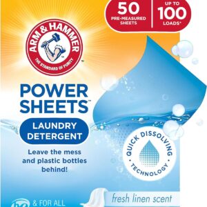 Arm & Hammer Power Sheets Laundry Detergent, Fresh Linen 50ct, up to 100 Small Loads (Packaging may vary)