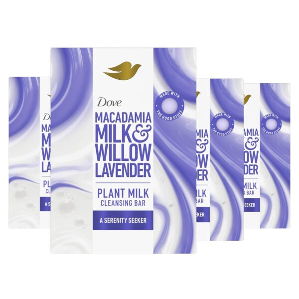 Dove Plant Milk Cleansing Bar Soap Macadamia Milk & Willow Lavender Serenity Seeker 4 Count for Moisturized Skin Gentle Cleanser, No Sulfate Cleansers or Parabens, 98% Biodegradable Formula 5 oz